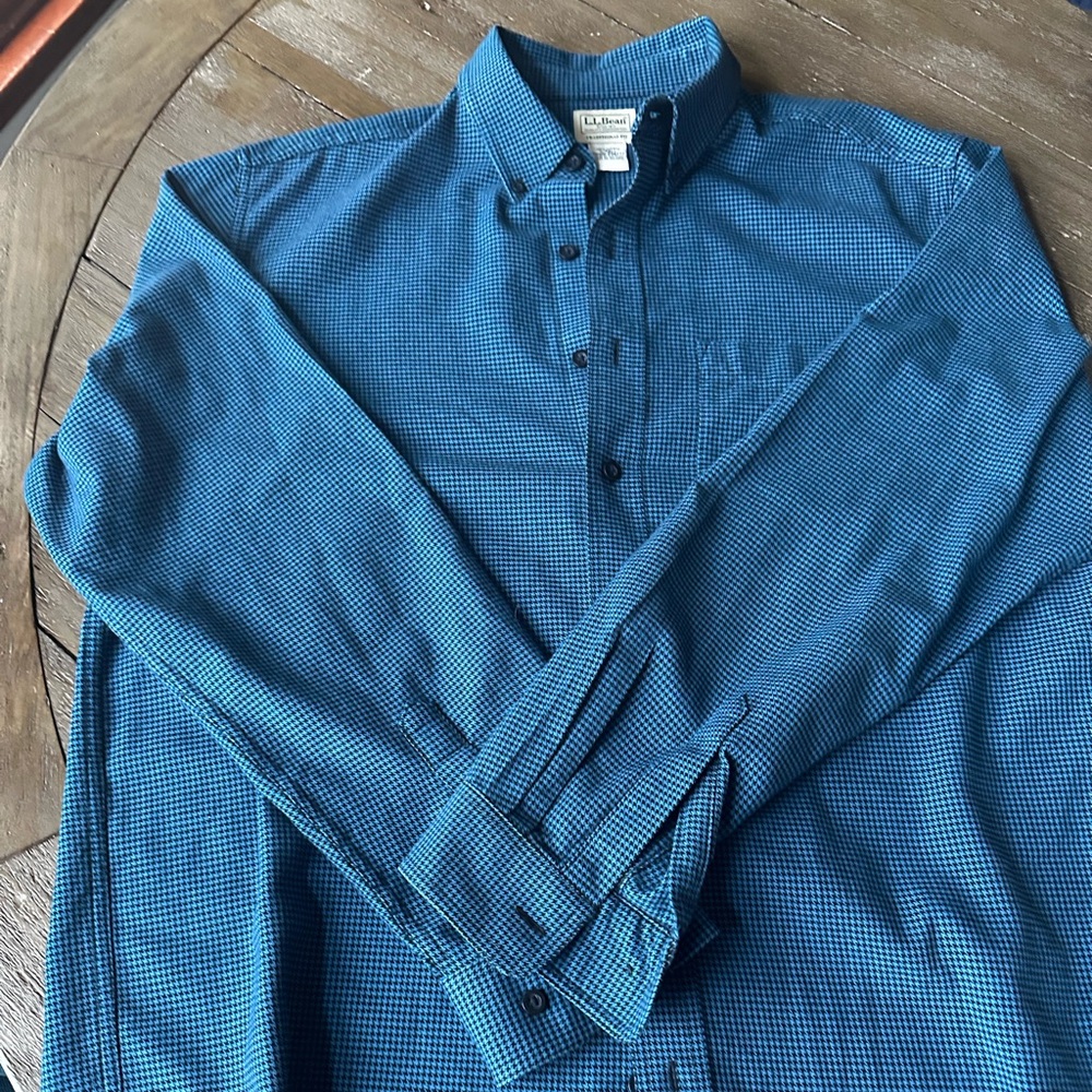 LL Bean Shirt Flannel Traditional Fit Blue Houndstooth Men’s L Tall EUC